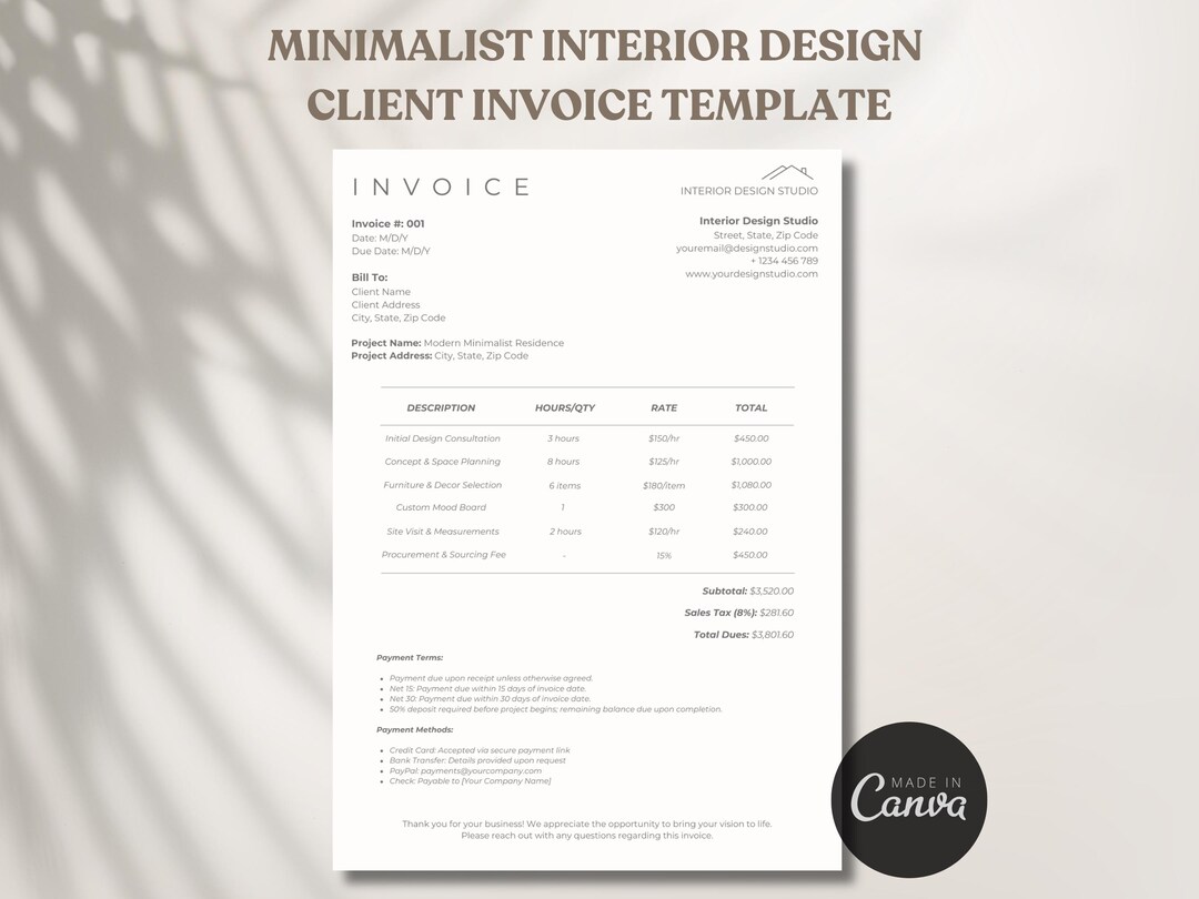 Decor Bill Format Interior Design Invoice Template Editable Minimalist Client Billing ...