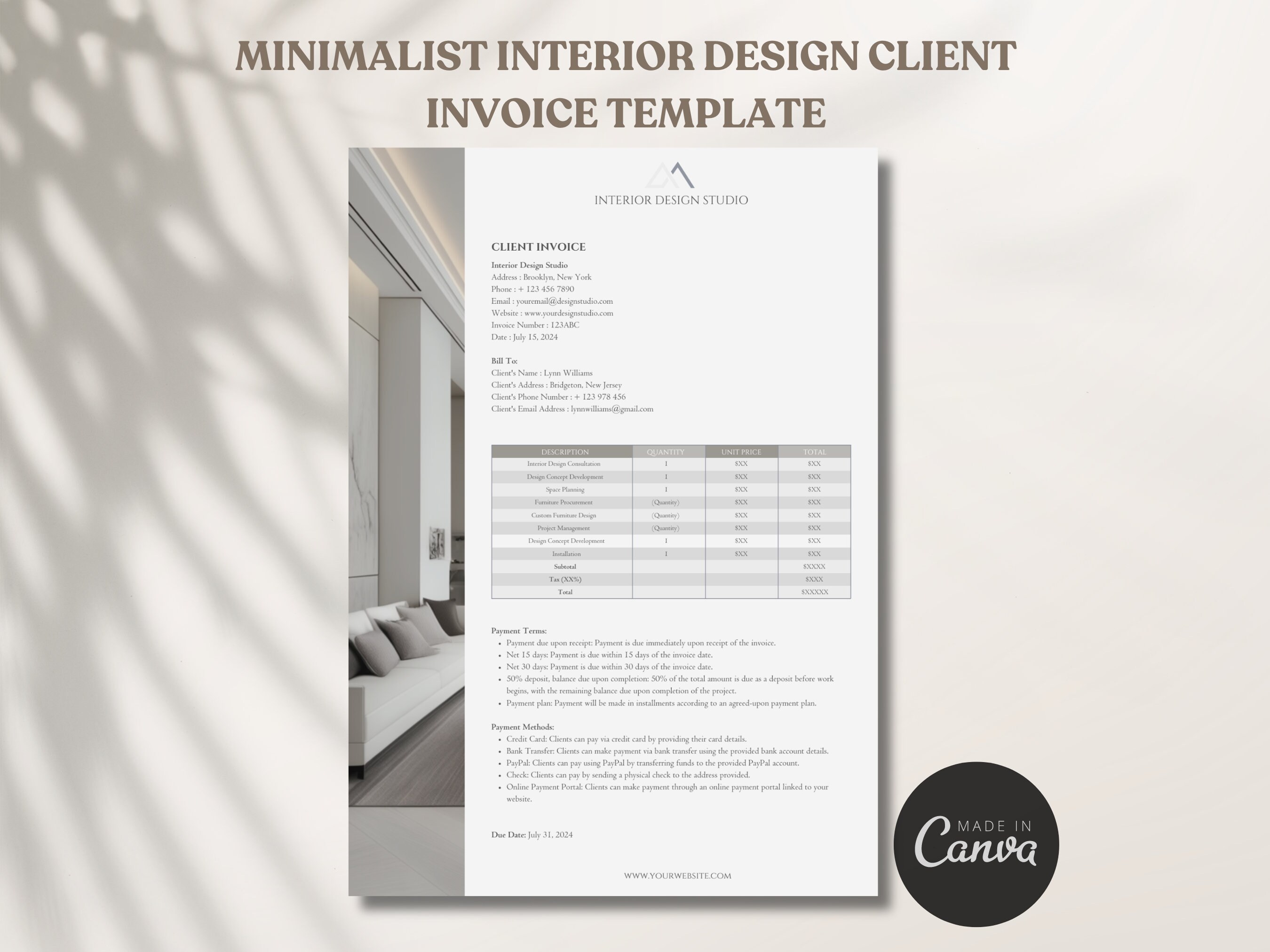 Beige Minimalist Interior Design Client Invoice Onboarding Client ...