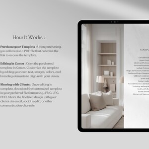 May include: A digital tablet displaying a guide on how to use a template. The guide includes instructions on purchasing, editing, and sharing the template. The tablet is on a white surface with a light gray background. The text on the tablet reads "How It Works:" and "Purchase your Template:" and "Editing in Canva:" and "Sharing with Clients:"