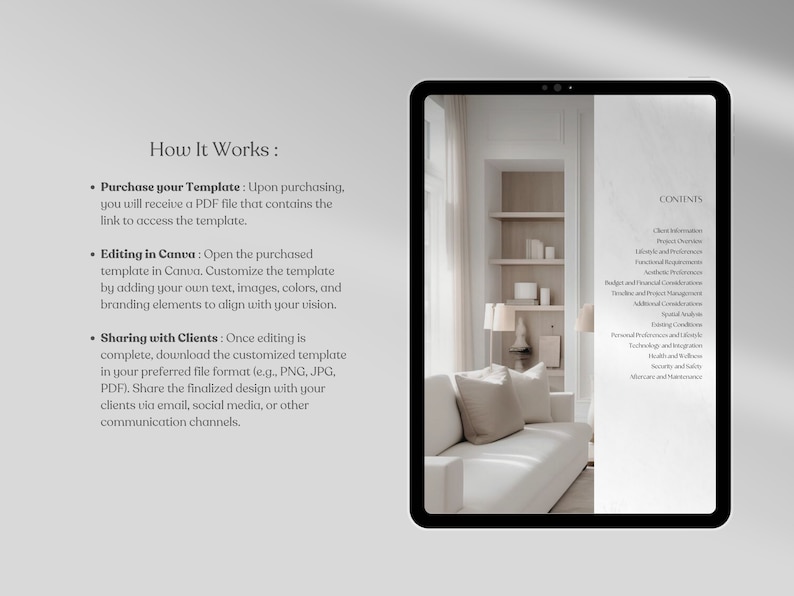 May include: A digital tablet displaying a guide on how to use a template. The guide includes instructions on purchasing, editing, and sharing the template. The tablet is on a white surface with a light gray background. The text on the tablet reads "How It Works:" and "Purchase your Template:" and "Editing in Canva:" and "Sharing with Clients:"