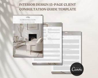 Modelo de guia de consulta ao cliente para design de interiores minimalista em cinza Integração de clientes Questionário para clientes de design de interiores Proposta de projeto