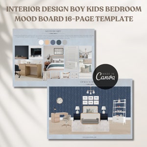 Plantilla de tablero de estado de ánimo de presentación para el cliente de diseño de interiores, Tablero de estado de ánimo para dormitorio infantil, Dormitorio azul para niños