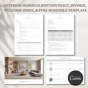 Klantcontract interieurontwerper, factuur, welkomstgids en FF&E-schemasjabloon, interieurontwerpsjabloon, ontwerp klant onboarding