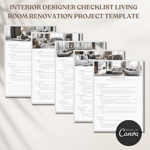 Puede incluir: Una lista de verificación para diseñadores de interiores para usar al planificar un proyecto de renovación de sala de estar. La lista de verificación incluye secciones para pisos, muebles, iluminación y más. La lista de verificación está diseñada para ser utilizada con un cliente para garantizar que se cumplan todas sus necesidades.