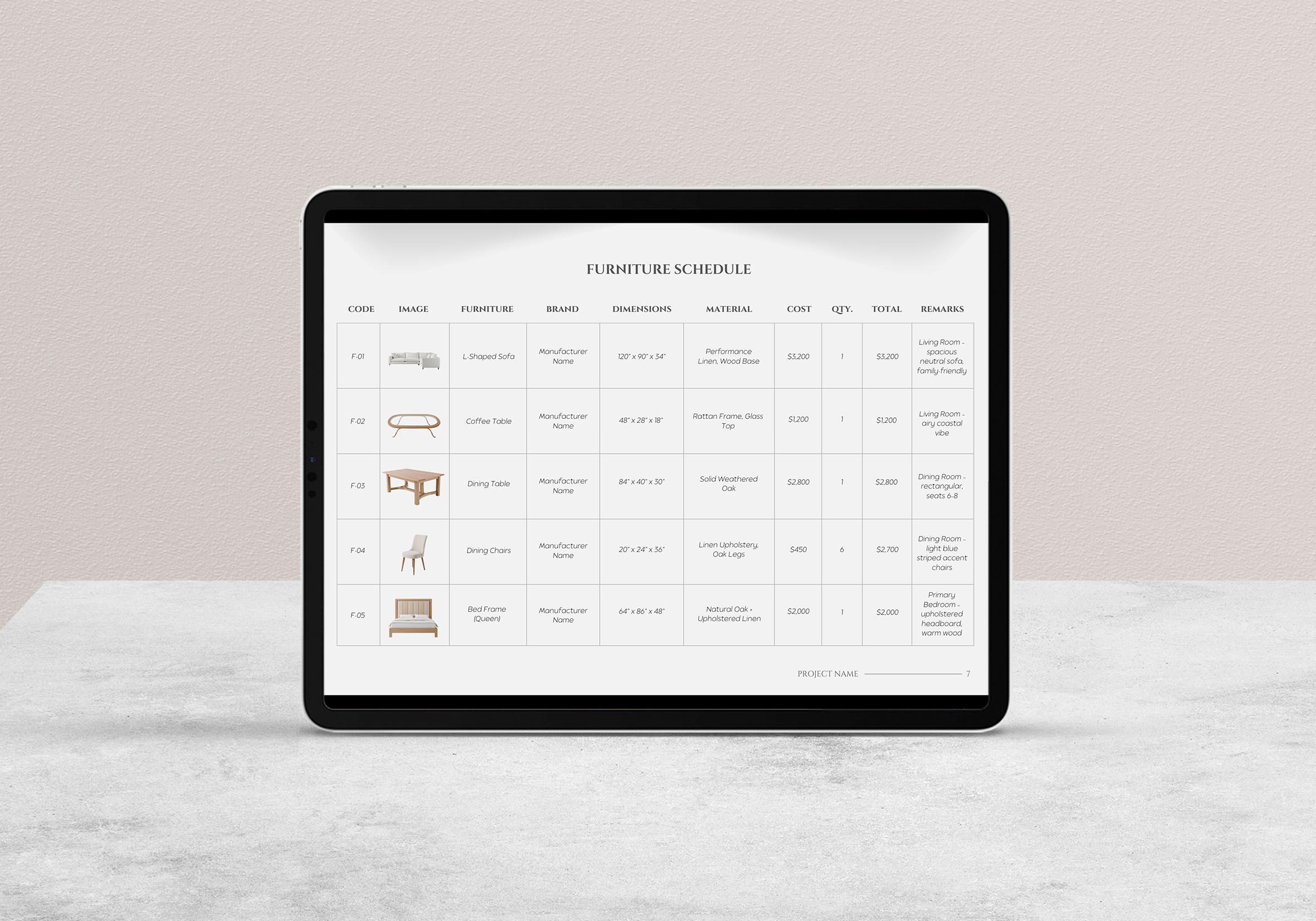 Interior Design FF&E Schedule Template, Furniture and Finishes Schedule ...