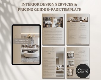 May include: An interior design services and pricing guide template. The template includes an 8-page layout with sections for services, pricing, and process. The design features a modern aesthetic with images of interior spaces and text.