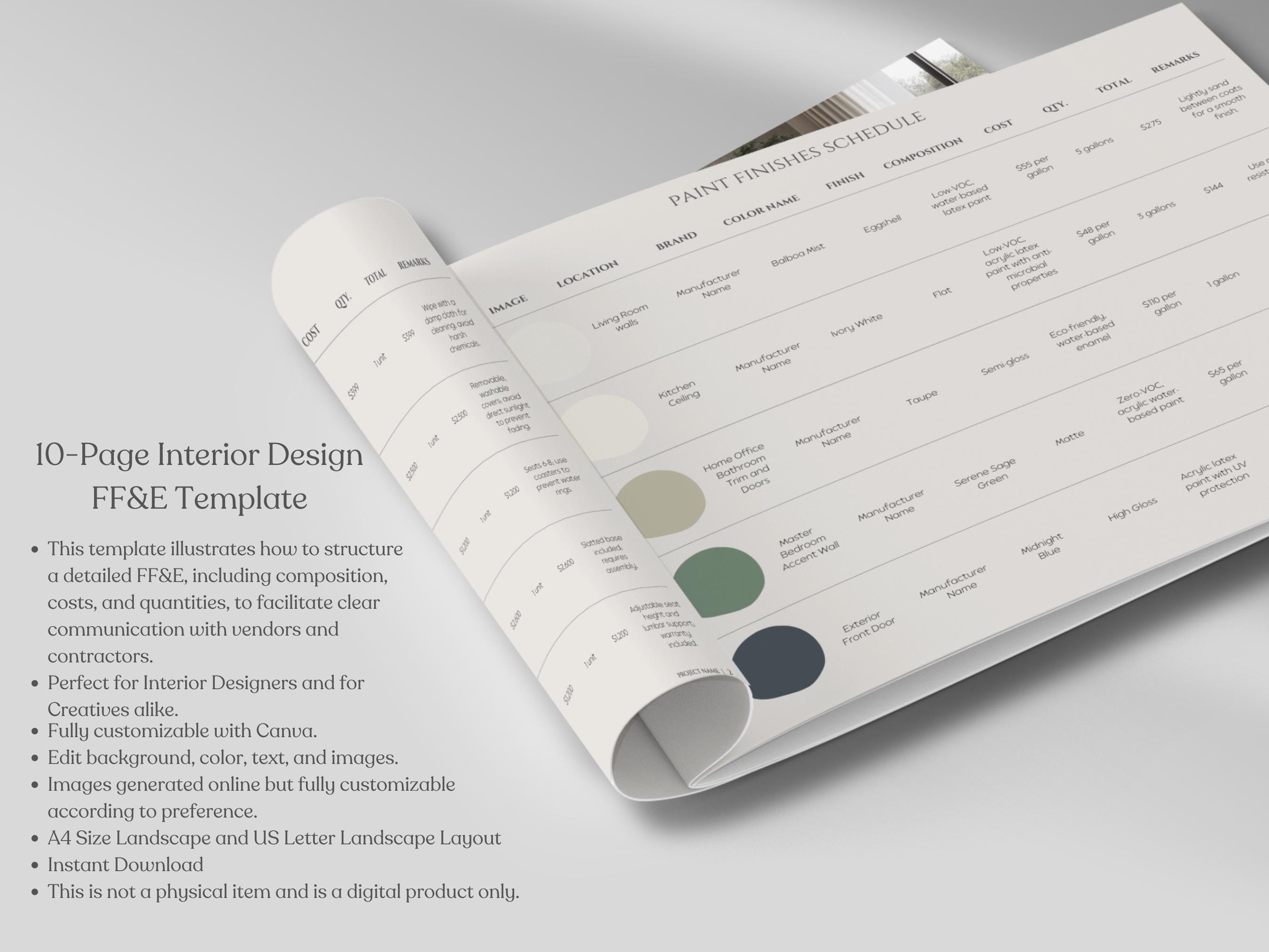 Interior Design FF&E Schedule Template, Furniture and Finishes Schedule ...