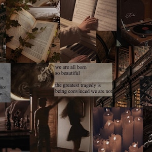 May include: A collage of images in brown tones, featuring a quote about beauty and tragedy, a piano, a record player, a chessboard, candles, a library, and an angel statue. The quote reads: "We are all born so beautiful. The greatest tragedy is being convinced we are not."