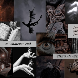 May include: A collage of images with a dark and mysterious theme. The images include a deer, a dragon, a sword, a hand holding a flame, an eye, a wolf, a crow, and a book. The text "to whatever end" and "SHE'S AN ASSASSIN." are also included in the collage.