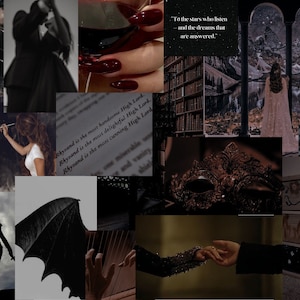 May include: A collage of images with a dark and moody aesthetic. The images include a couple embracing, a glass of red wine, a book with text about Rhysand, a library, a woman in a white dress, a hand with an eye, a masquerade mask, a drawer with a floral design, and a silhouette of three women with bows and arrows. The text in the image reads "To the stars who listen and the dreams that are answered."