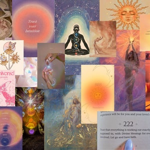 May include: A collage of images with a spiritual and mystical theme. The images include tarot cards, crystals, a sun, a woman with her arms raised, and a quote about trusting in the universe. The colors are mostly pastel and warm.