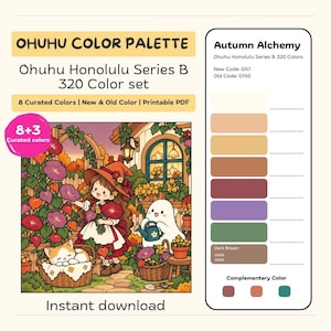 Op de afbeelding: Ohuhu kleurenpalet Autumn Alchemy Ohuhu Honolulu Series B 320 kleurenset met 8 gecureerde kleuren. De afbeelding bevat een illustratie van een persoon met een hoed, een geest en een kat in een tuin, naast een verticale lijst met kleurstalen.