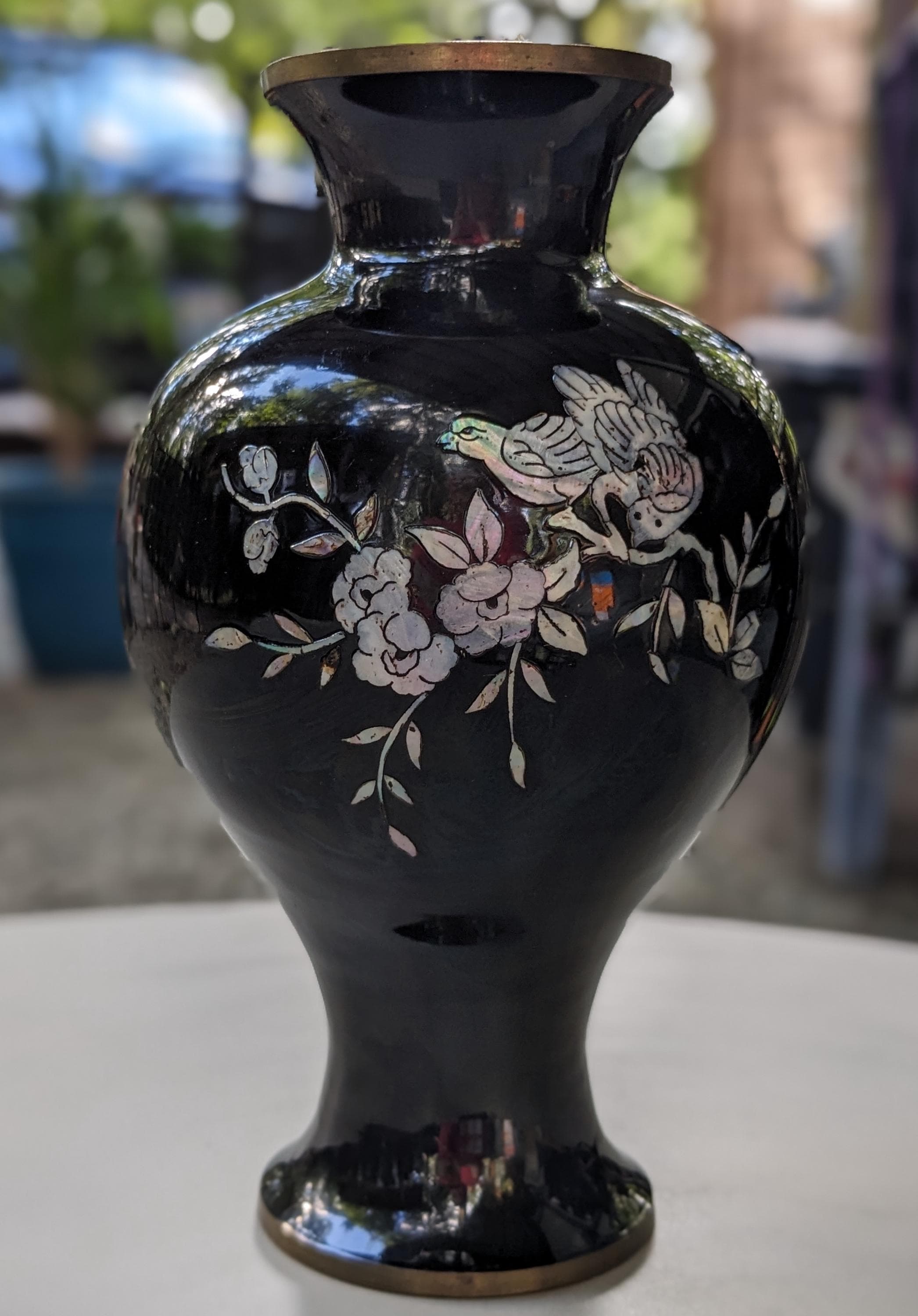 Mother of Pearl Floral Inlay Vintage Korean Brass and Black