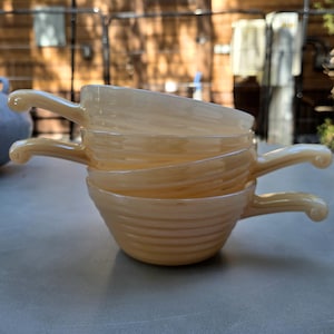 Set Of 4 Fire-King Peach Luster Beehive Handled Soup Bowls- Excellent Condition