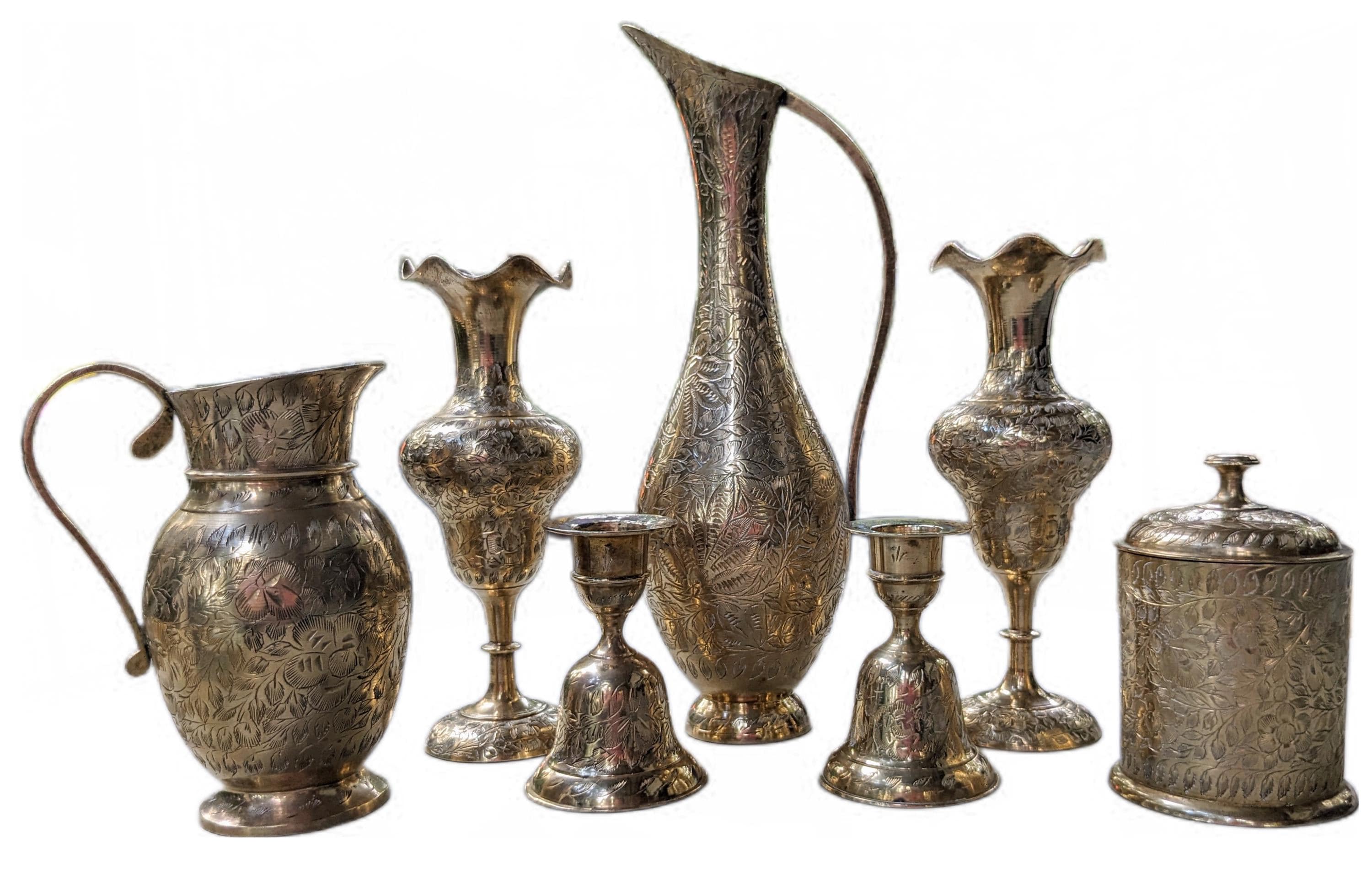 インドアンティーク　ブラスドラ 7 Piece Vintage Etched Floral Detail Brass Set by ZY India