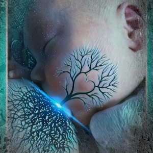 May include: A surreal digital art image of a sleeping baby with a tree growing from their face. The tree has a heart-shaped opening in the center and its roots are intertwined with the baby's body. The image is set against a blue and green background.