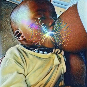May include: A close-up of a baby being breastfed. The image is stylized with a colorful, glowing tree-like design emanating from the baby's mouth and connecting to the breast.