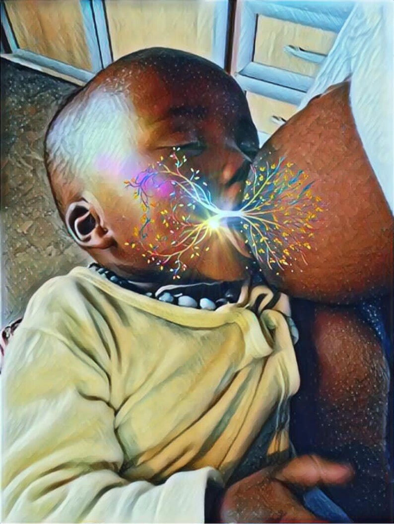 May include: A close-up of a baby being breastfed. The image is stylized with a colorful, glowing tree-like design emanating from the baby's mouth and connecting to the breast.