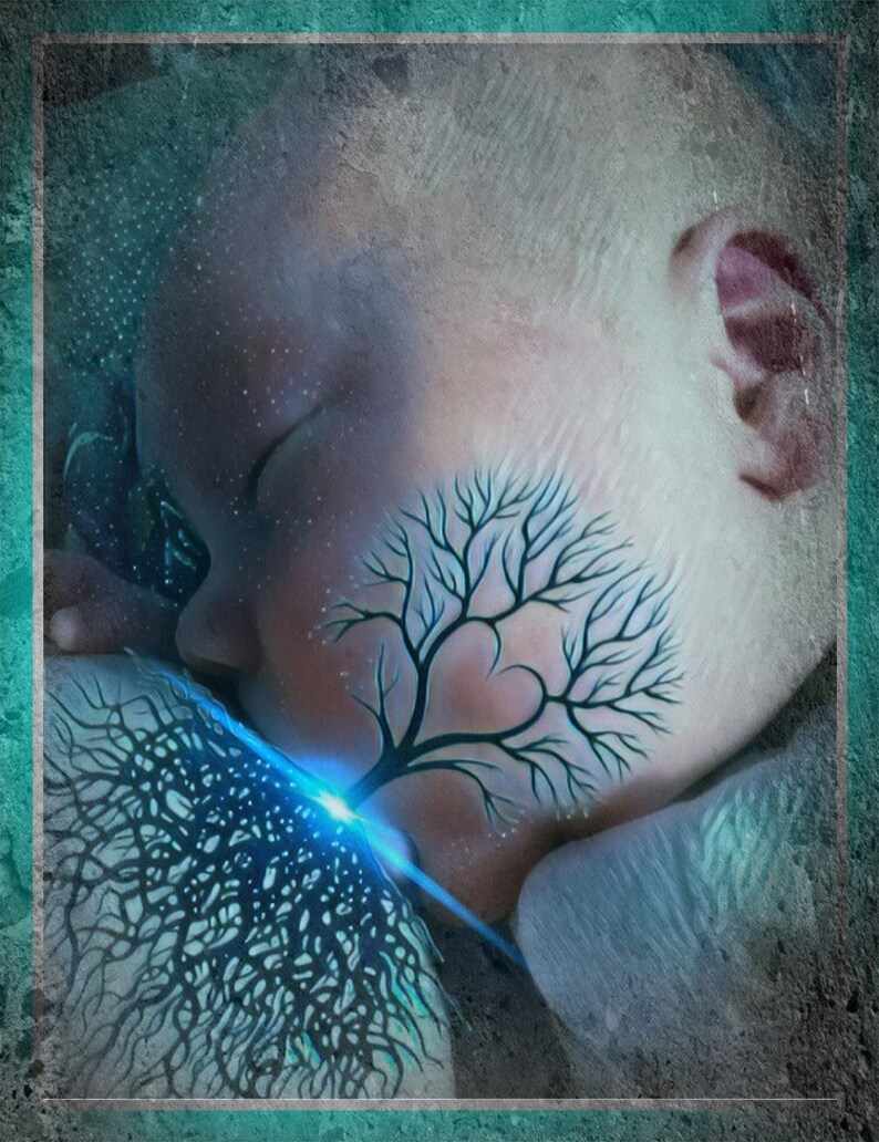 May include: A surreal digital art image of a sleeping baby with a tree growing from their face. The tree has a heart-shaped opening in the center and its roots are intertwined with the baby's body. The image is set against a blue and green background.