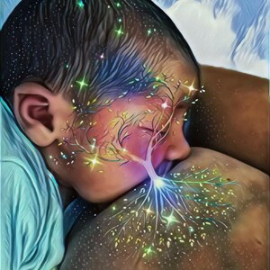 May include: A digital painting of a baby breastfeeding, with a tree growing from the breast and extending to the baby's head. The tree is glowing with light and has a starry background.