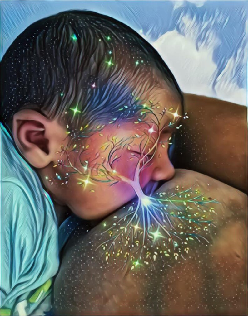 May include: A digital painting of a baby breastfeeding, with a tree growing from the breast and extending to the baby's head. The tree is glowing with light and has a starry background.
