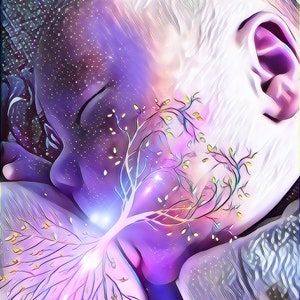 May include: A digital art illustration of a person's face with a tree growing out of their chest. The tree has pink and purple leaves and a white trunk. The background is a purple and blue galaxy.