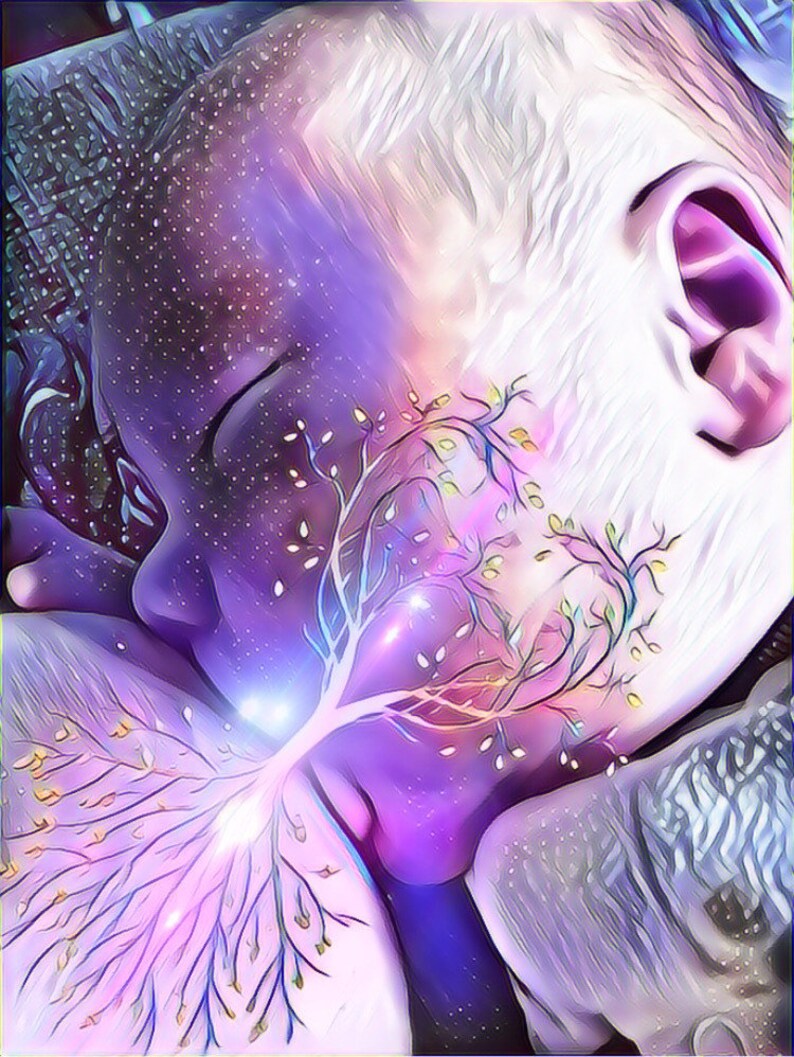 May include: A digital art illustration of a person's face with a tree growing out of their chest. The tree has pink and purple leaves and a white trunk. The background is a purple and blue galaxy.