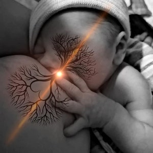 May include: A black and white photo of a newborn baby being breastfed. A tree with roots is superimposed over the image, with a bright orange light emanating from the center of the tree.