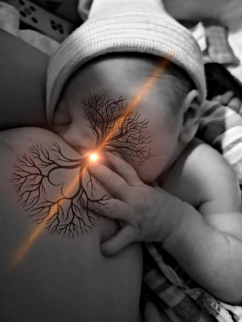 May include: A black and white photo of a newborn baby being breastfed. A tree with roots is superimposed over the image, with a bright orange light emanating from the center of the tree.