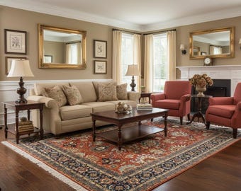 Hand-Knotted 8x10 Wool Oushak Rug – Rust & Navy Floral Carpet