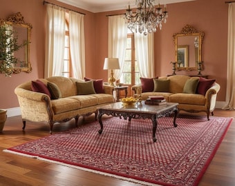 Alfombra persa roja anudada a mano, diseño tradicional Mahi, alfombra oriental, alfombra grande de lana para sala de estar, elegante decoración vintage para el hogar.