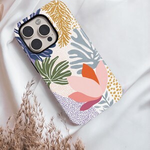 Abstract Floral Dotted Phone Case iPhone 16 15 14 13 12 11 8 Pro Max, Pixel 9 8 Samsung S24 S25+ Magsafe Cell Phone Cover, Nature Lover Gift