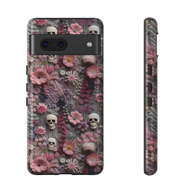 Goth Gothic Spooky Skull Embroidery Phone Case Trendy Skeleton with Wildflowers iPhone 15 14 13 12 11 8 Pro Max XS XR Pixel Samsung S23 S24+