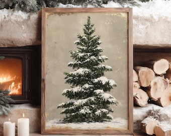 Rustic Christmas Tree Wall Art, Vintage Snowy Evergreen Print, Cozy Winter Farmhouse Decor, Neutral Christmas Poster, Old World Holiday Art
