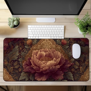 Vintage Floral Desk Mat Mouse Pad, Gothic Peony Dark Academia Decor,  Elegant Red Flower Mousepad, Ornate Gold Pattern Gift for Her Office