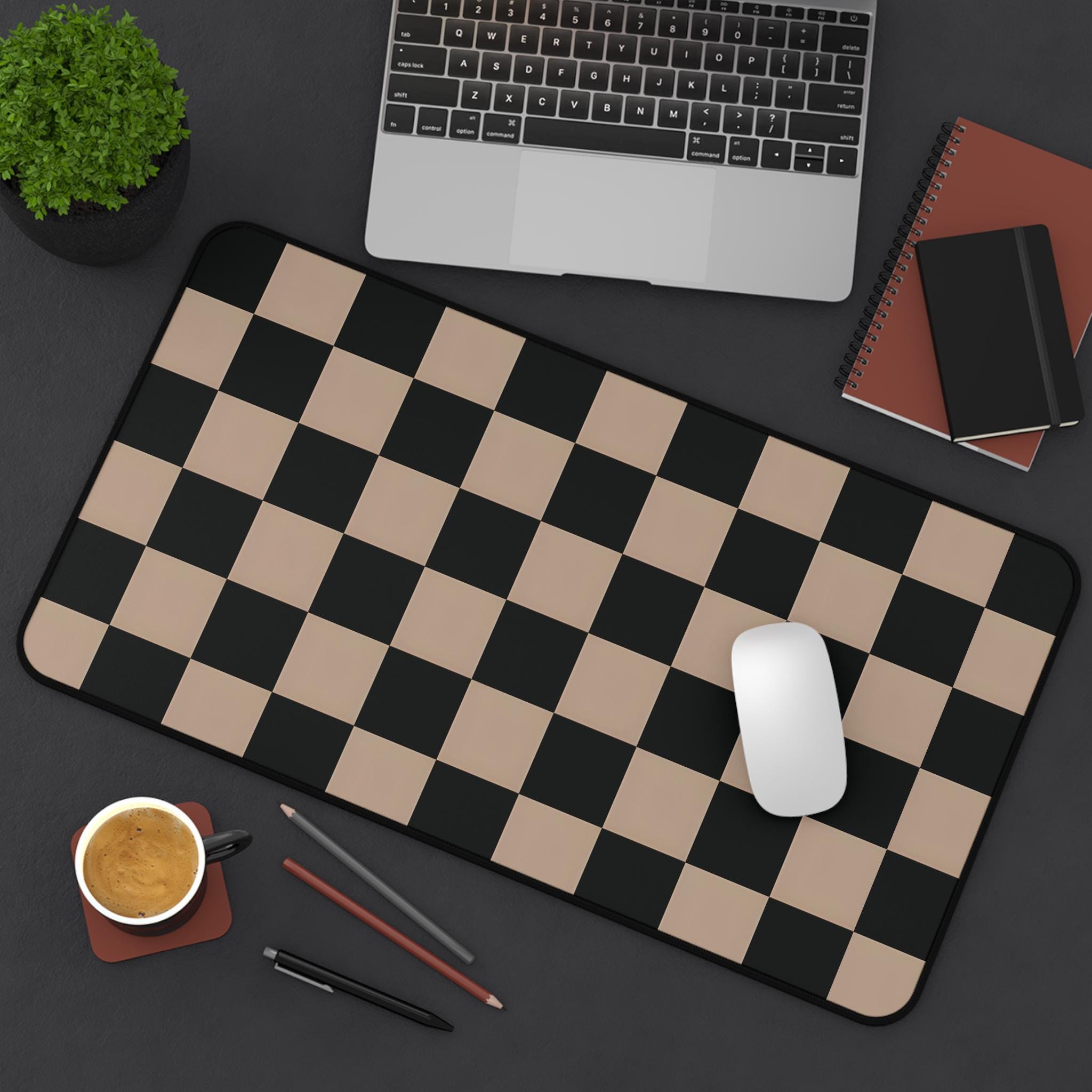 Coffee Color Checkered Desk and Keyboard Mat, Brown Square Geometric ...