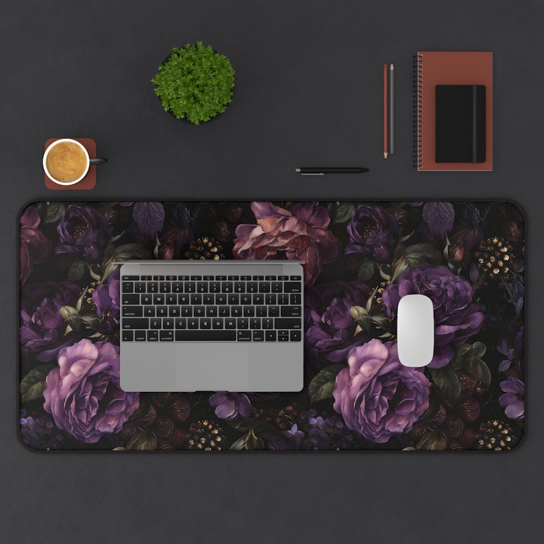 Dark Moody Peonies Desk Mat Gothic Flowers Mouse Pad Anti-slip Deskpad Dark Purple Floral Home Office Desk Decor Keyboard Mat, Gift for Wife image 10