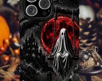 Spooky Ghost in Swing Phone Case, Dark Halloween iPhone MagSafe Compatible, Samsung, and Pixel Cell Phone Cover