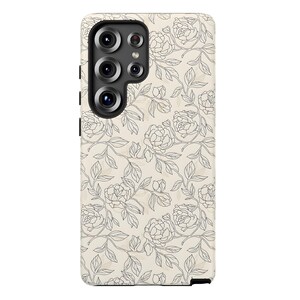May include: A phone case with a floral design. The case features a cream-colored background with a pattern of black line-drawn flowers and leaves. The phone's camera lenses are visible at the top.