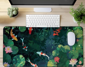 Serene Koi Pond Desk and Keyboard Mat: Japandi Office Decor