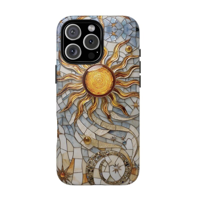 May include: A phone case with a mosaic design featuring a gold sun and stars on a white and blue background.