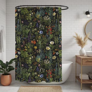 Botanical Flower Shower Curtain, Green Nature Inspired Home Decor, Cottagecore Floral Bathtub Curtain, Home Renovation, Bath Decor Gift