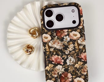秋のヴィンテージフローラル柄スマホケース、ボタニカルワイルドフラワー秋スタイル、iPhone MagSafe対応、Samsung、Pixel用スマホカバー
