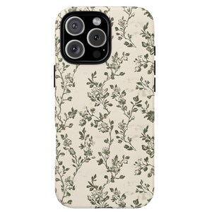 Puede incluir: Funda de tel&eacute;fono con estampado floral. La funda tiene un fondo color crema con un dise&ntilde;o repetido de flores y enredaderas de color verde oscuro. Incluye un recorte para la c&aacute;mara y botones laterales negros.
