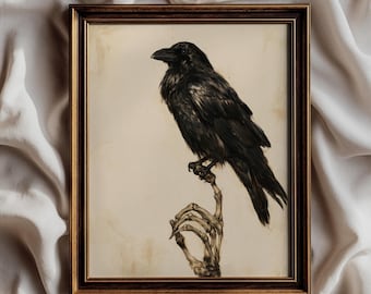 Raven Skeleton Hand Wall Art, Gothic Crow Print, Dark Academia Poster, Vintage Victorian Bird Art, Moody Halloween Wall Decor - UNFRAMED