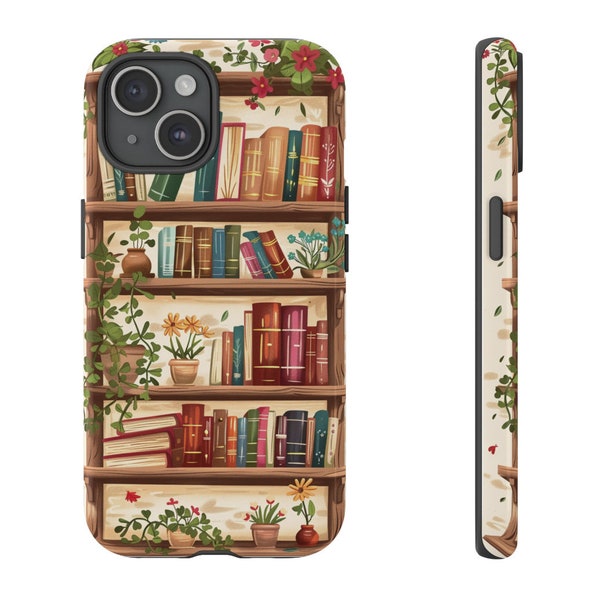 Boho Floral Bookcase Book Stack with Plants Phone Case Booky Bookish iPhone 15 14 13 12 11 8 Pro Max XS X XR Pixel Samsung S23 S24 Book Gift