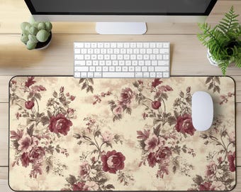 Antique Burgundy Floral Toile Desk Mat - Vintage Botanical Extended Keyboard Mat, Extra Large Mouse Pad, Home Office Accessory