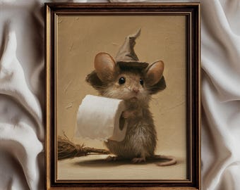 Cute Mouse Bathroom Wall Art, Funny Halloween Witch Print, Vintage Toilet Paper Poster, Whimsical Cottagecore Bathroom Decor - UNFRAMED