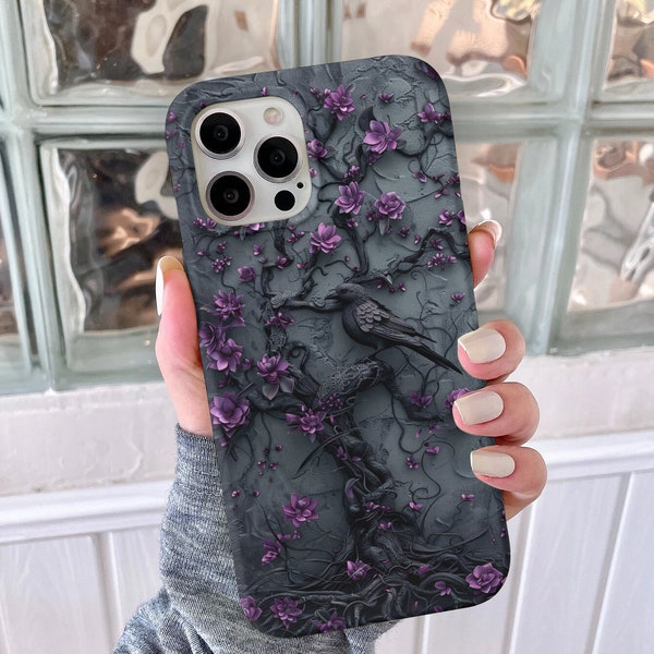 3D Goth Gothic Dark Spooky Raven Crow Phone Case Witchy Purple Tree Flower iPhone 15 14 13 12 11 8 Pro Max XS XR Pixel Samsung Case Gift