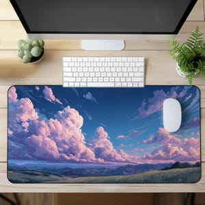 Celestial Sky Desk Mat Mouse Pad,  Pink Clouds Anime Landscape, Starry Night Aesthetic, Dreamy Pastel Galaxy Desk Decor, Gift for Gamers